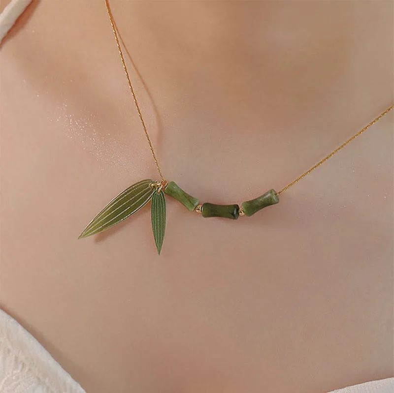 Mythstone Bamboo Leaf Jade Design Wealth Necklace Pendant - Image 5
