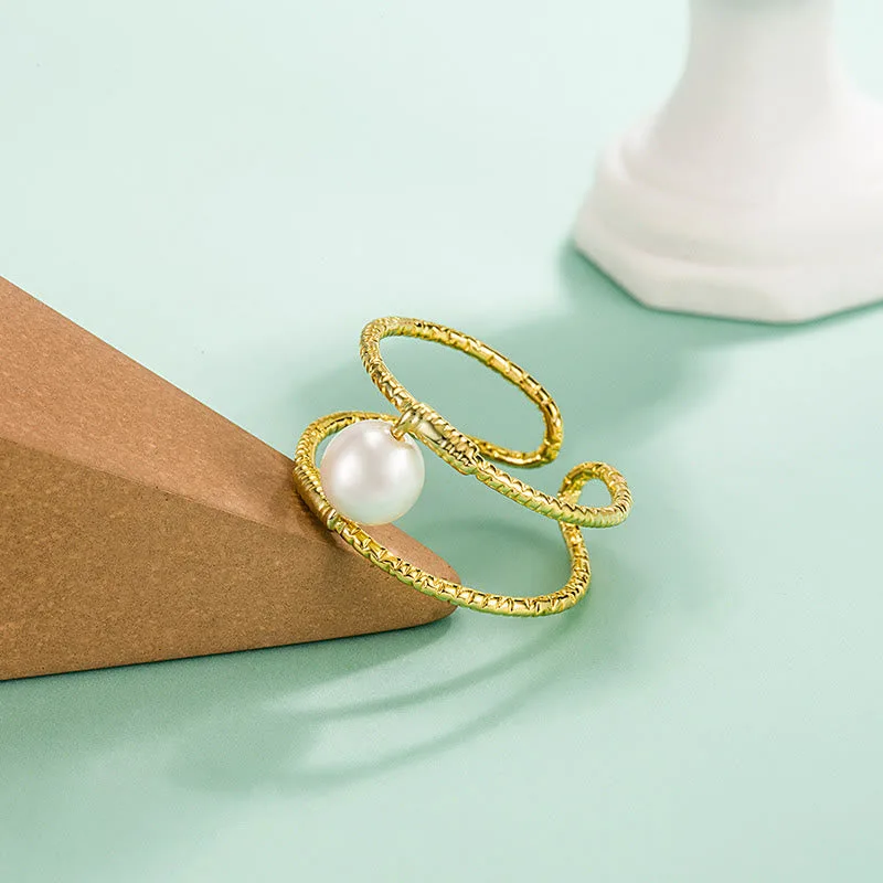 Mythstone Round Jade Pearl Bead Double Layer Copper Luck Adjustable Ring - Image 9