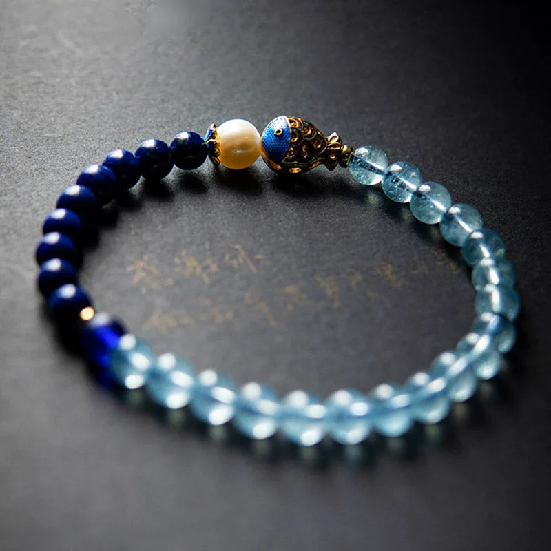 Mythstone Natural Aquamarine Lazurite Fish Healing Bracelet - Image 2