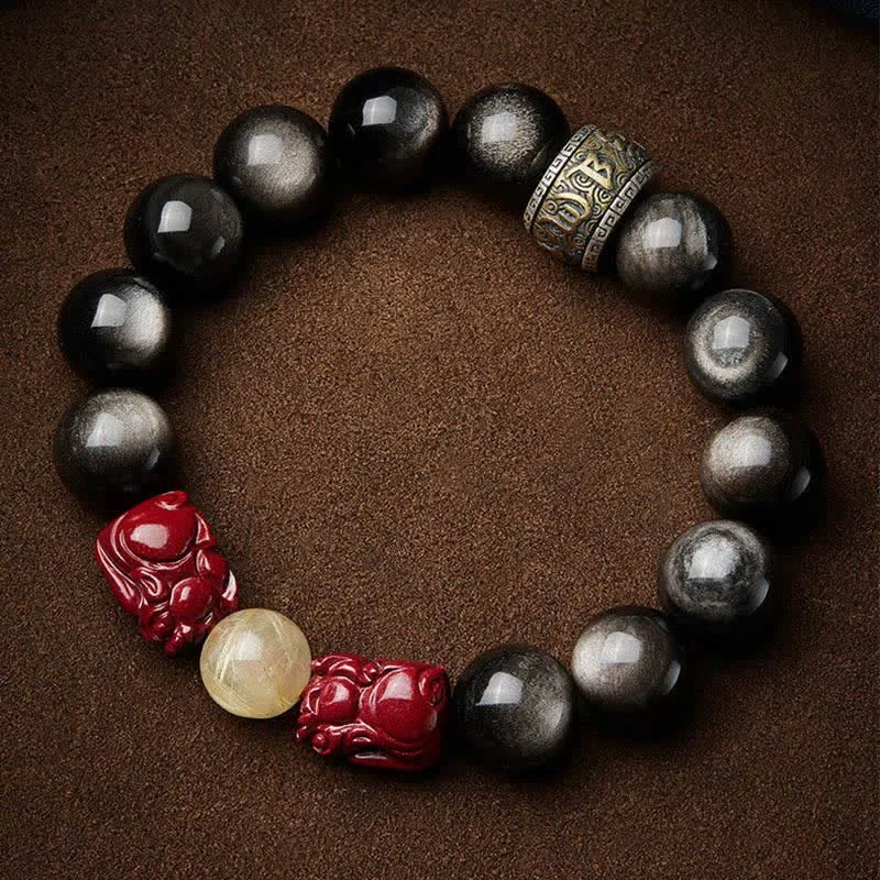 Mythstone Gold Sheen Obsidian PiXiu Cinnabar Om Mani Padme Hum Protection Bracelet - Image 11