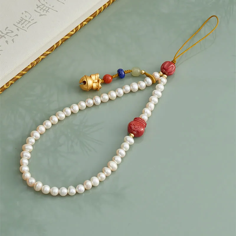 Mythstone Natural Pearl Cinnabar Money Bag Bell Gold Swallowing Beast Dancing Lion Healing Phone Hanging Decoration - Image 3