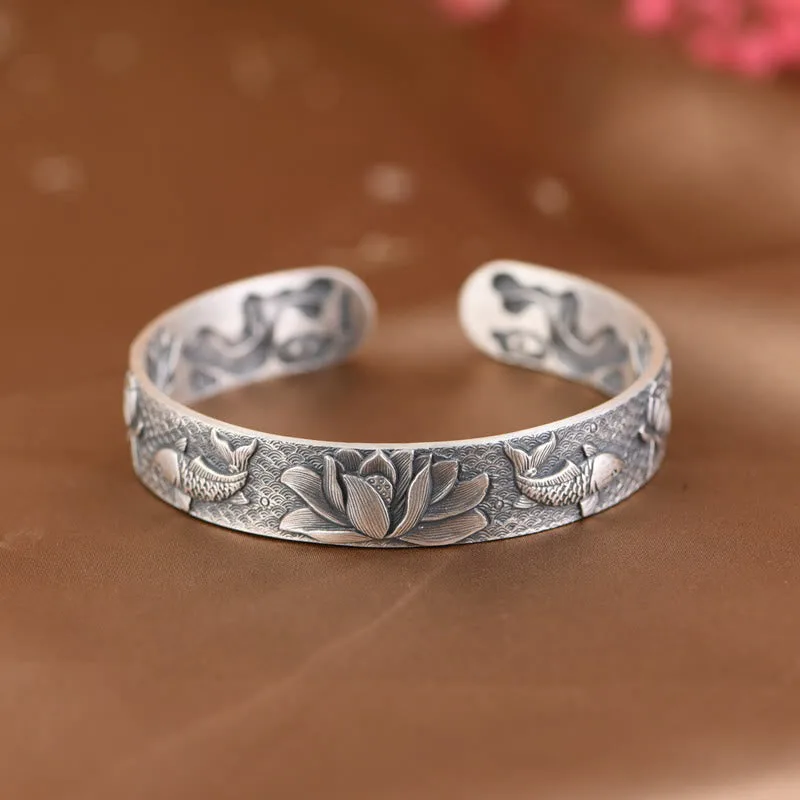 Mythstone - 999 Sterling Silver Luck Koi Fish Lotus Wealth Bracelet Bangle