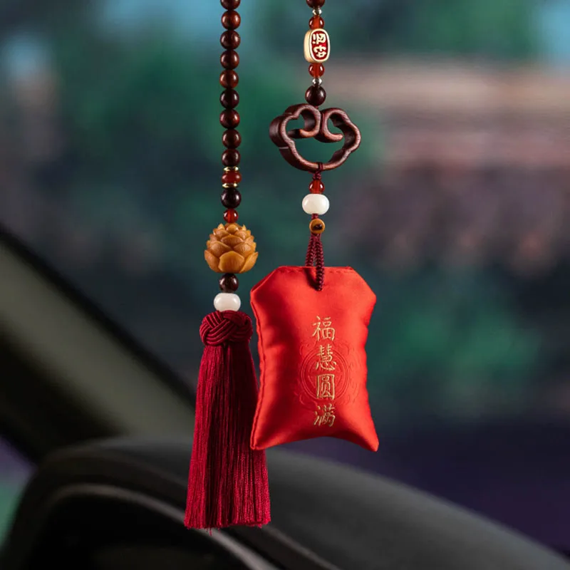Mythstone Tibetan Small Leaf Red Sandalwood Lotus Cinnabar Sachet Protection Tassel Car Hanging Decoration - Image 6