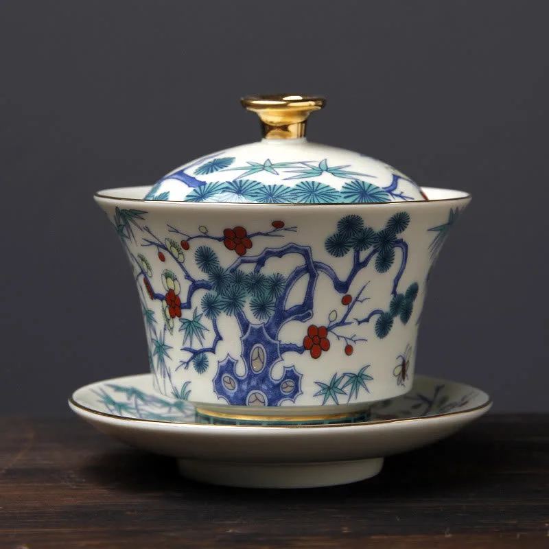 Mythstone Retro Plum Blossom Pine Bamboo Phoenix Kirin Ceramic Gaiwan Sancai Teacup Kung Fu Tea Cup and Saucer with Lid - Image 2