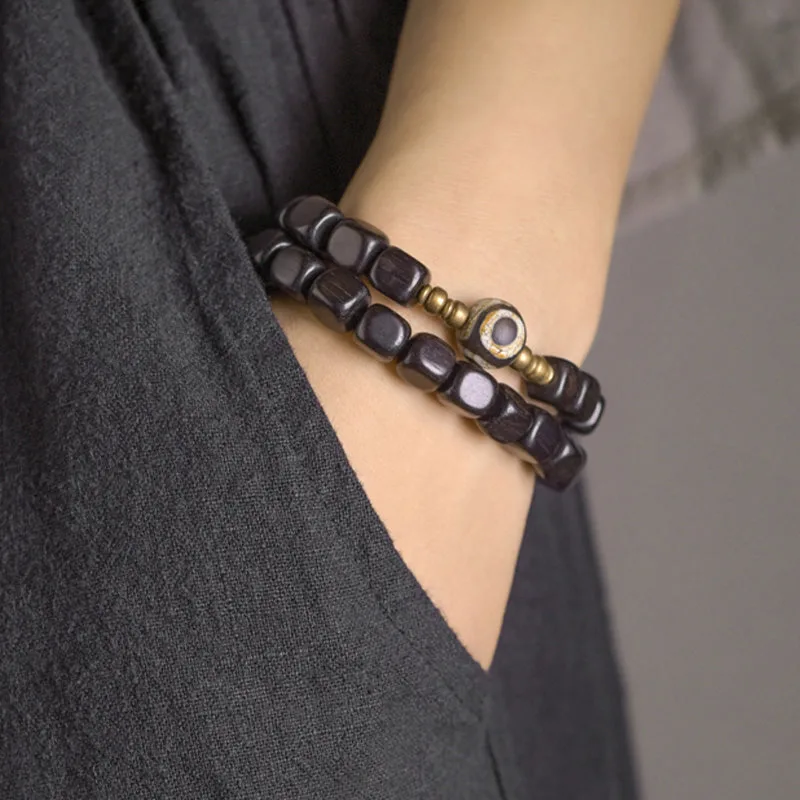 Mythstone Ebony Wood Dzi Bead Copper Peace Couple Bracelet - Image 4