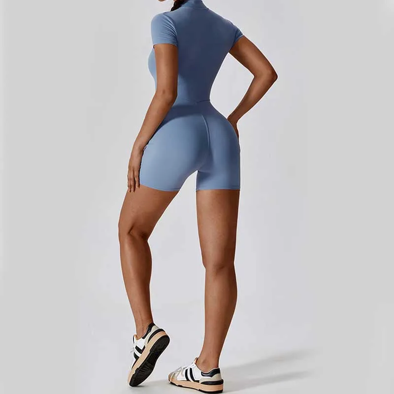 Mythstone High Stretch Zipper Short Sleeve Jumpsuit Sports Fitness Yoga Women Bodysuit - Image 5