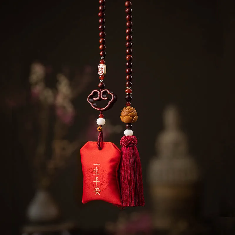 Mythstone Tibetan Small Leaf Red Sandalwood Lotus Cinnabar Sachet Protection Tassel Car Hanging Decoration - Image 5