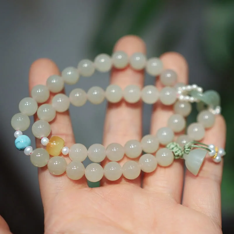 Mythstone 925 Sterling Silver Hetian Jade Double Peace Buckle Lotus Luck Double Wrap Bracelet - Image 6