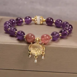 Mythstone Natural Amethyst Strawberry Quartz Cat Eye Chinese Lock Charm Healing Bracelet