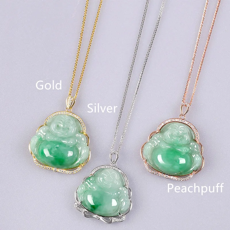 925 Sterling Silver Laughing Buddha Natural Jade Prosperity Necklace Chain Pendant - Image 4