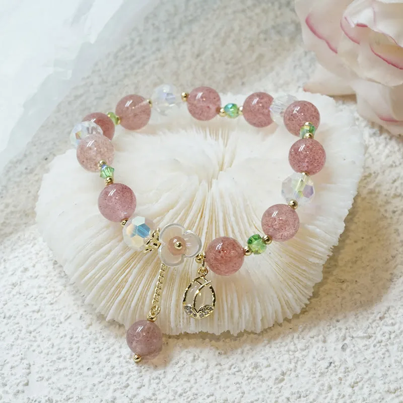 Mythstone Strawberry Quartz Rutilated Quartz Fluorite Flower Healing Bracelet - Image 7