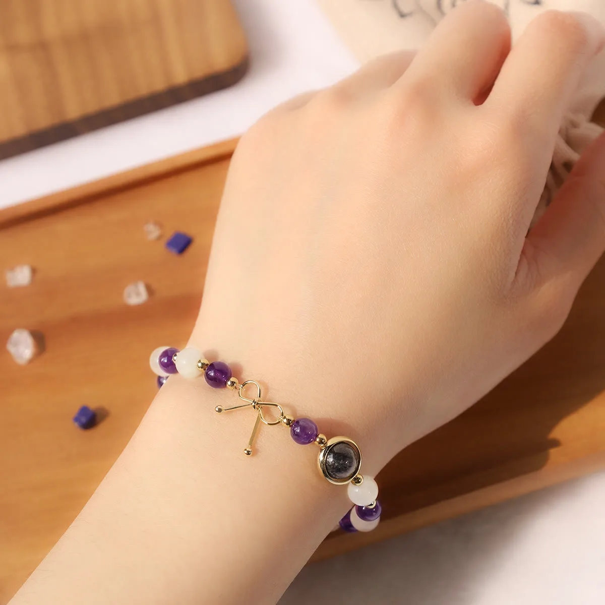 Mythstone Amethyst Cat Eye Black Rutilated Quartz Spiritual Bead Bracelet - Image 4