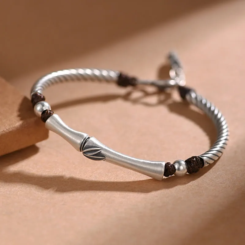 Mythstone 999 Sterling Silver Bamboo Pattern Cicada Luck Wealth Bracelet - Image 2