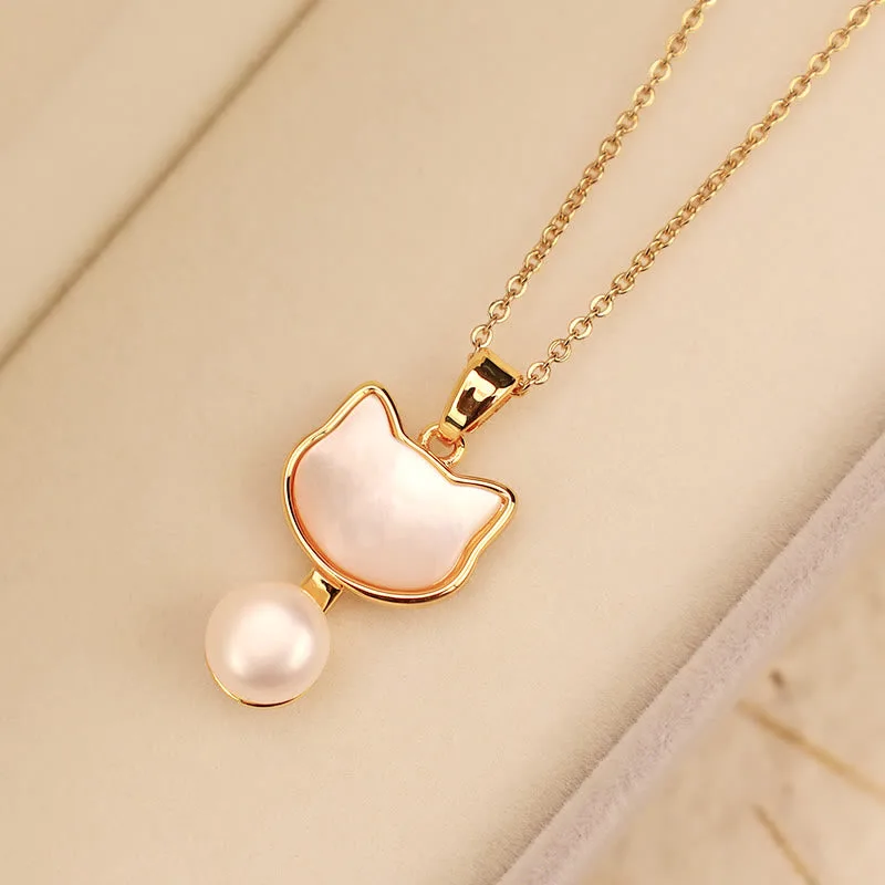 Mythstone 925 Sterling Silver Posts Cute Cat Tridacna Stone Pearl Ring Earrings Necklace Jewelry Set - Image 10