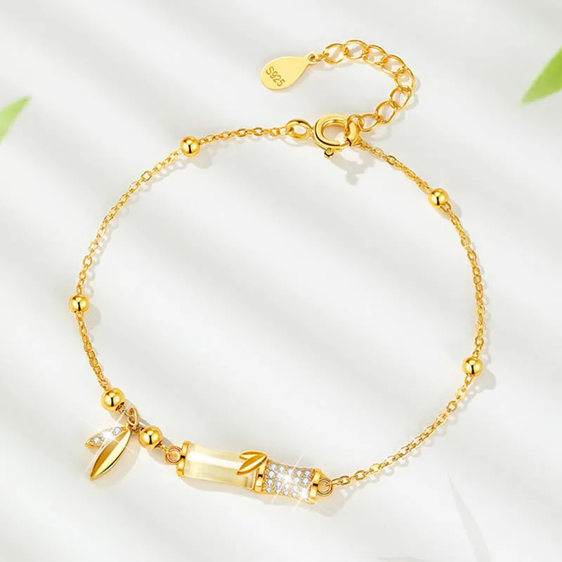 Mythstone 925 Sterling Silver 18K Gold Plated White Jade Bamboo Zircon Leaf Luck Bracelet - Image 4