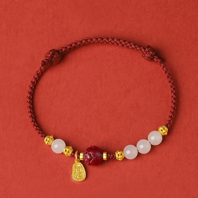 Mythstone 24K Gold Plated Hetian White Jade Cinnabar Lotus Luck Rope Bracelet - Image 2