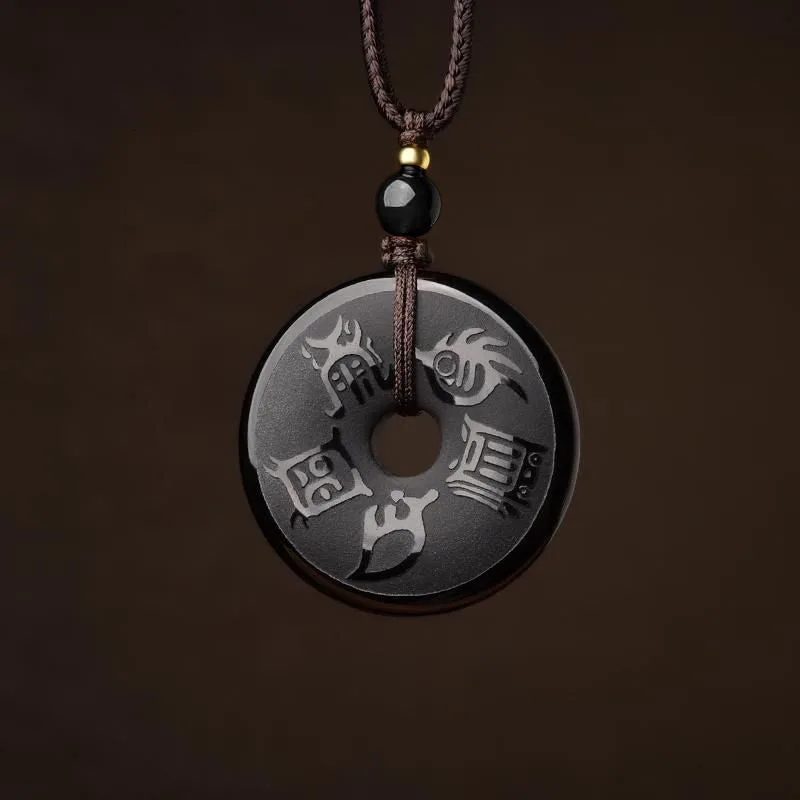 Mythstone Black Obsidian Taoism Five Sacred Mountains Carved Strength Peace Buckle Necklace Pendant Key Chain Phone Hanging Decoration - Image 2