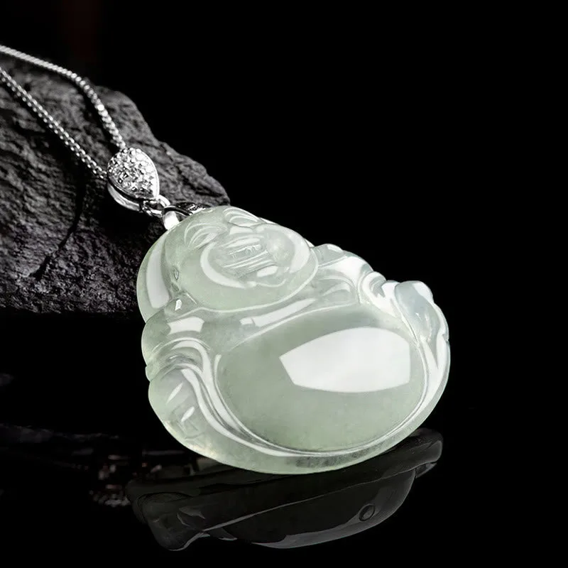 Mythstone 925 Sterling Silver Natural Jade Laughing Buddha Prosperity Abundance Chain Necklace Pendant - Image 3