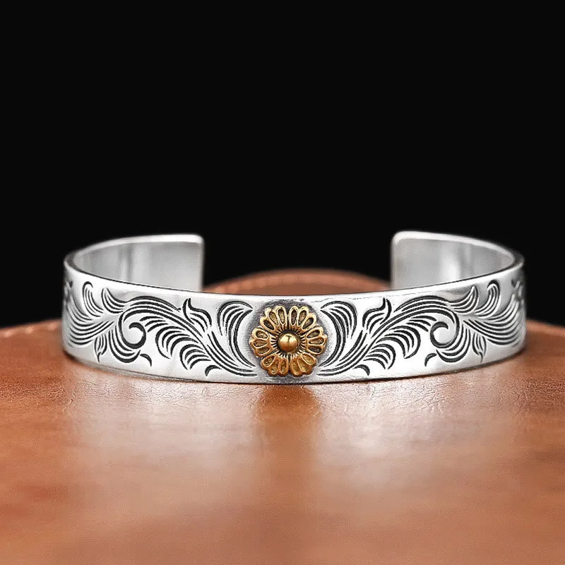 Mythstone Tang Dynasty Flower Design Rose Flower Feather Carved Copper Luck Bracelet Bangle - Image 3