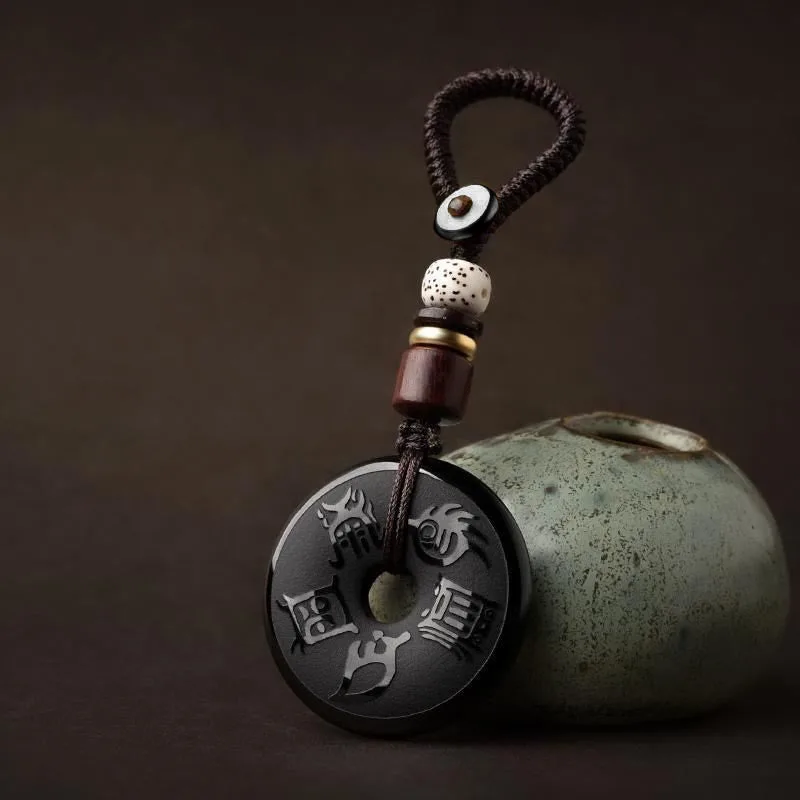 Mythstone Black Obsidian Taoism Five Sacred Mountains Carved Strength Peace Buckle Necklace Pendant Key Chain Phone Hanging Decoration - Image 5