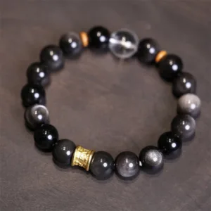 Mythstone Natural Silver Sheen Obsidian Crystal Om Mani Padme Hum Bead Protection Bracelet