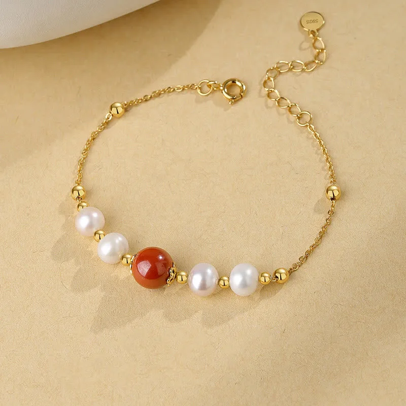 Mythstone 925 Sterling Silver Pearl Cinnabar Healing Bead Chain Bracelet - Image 2