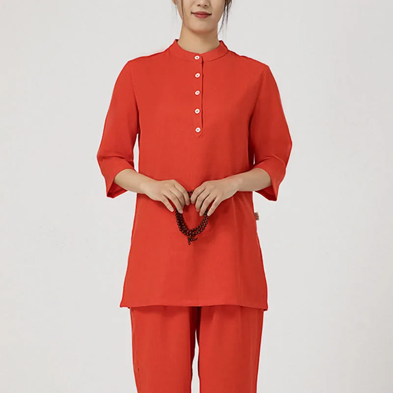 Mythstone 2Pcs Solid Color Three Quarter Shirt Top Pants Meditation Zen Tai Chi Cotton Linen Clothing Women's Set - Image 13