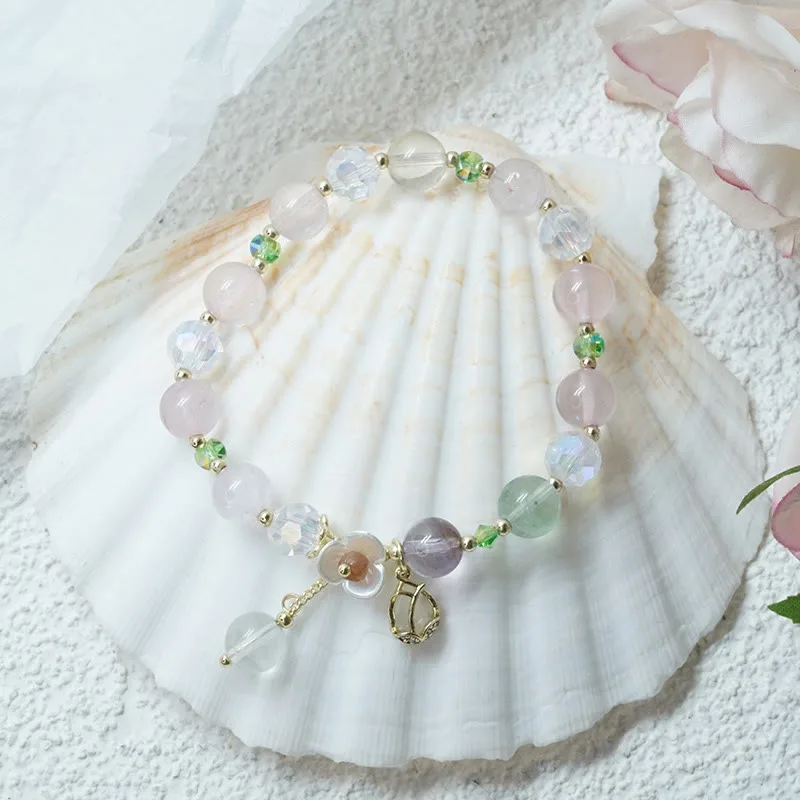 Mythstone Strawberry Quartz Rutilated Quartz Fluorite Flower Healing Bracelet - Image 27