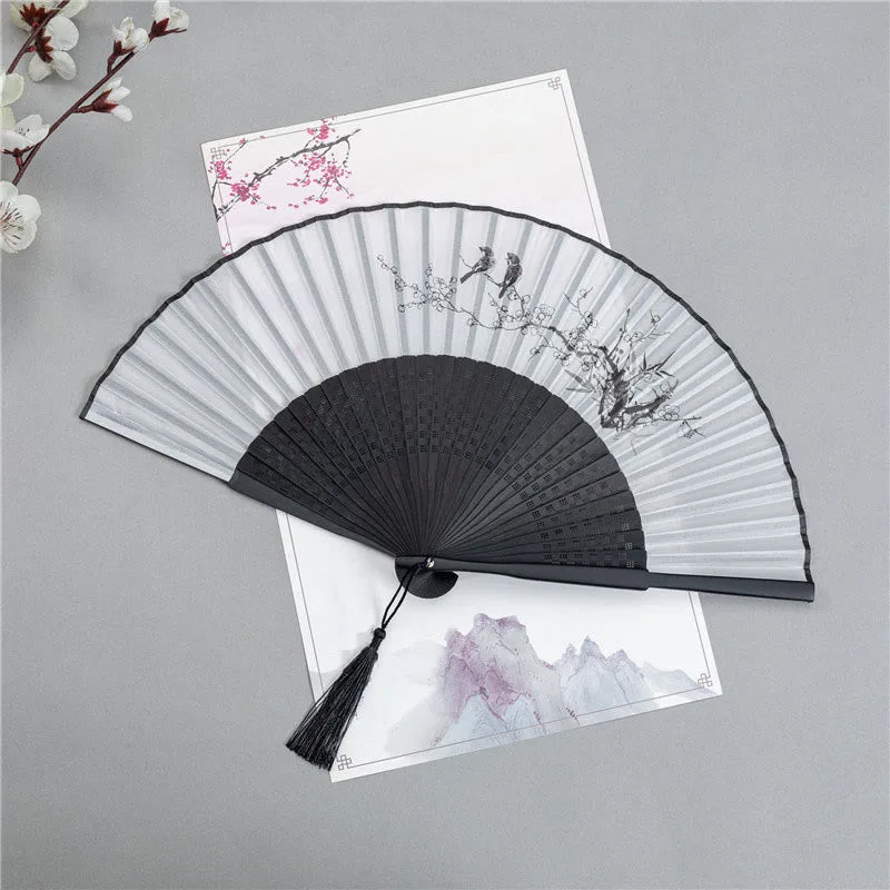 Mythstone Mountains Plum Blossom Lotus Magpie Bamboo Leaves Handheld Silk Bamboo Folding Fan 22.5cm - Image 11