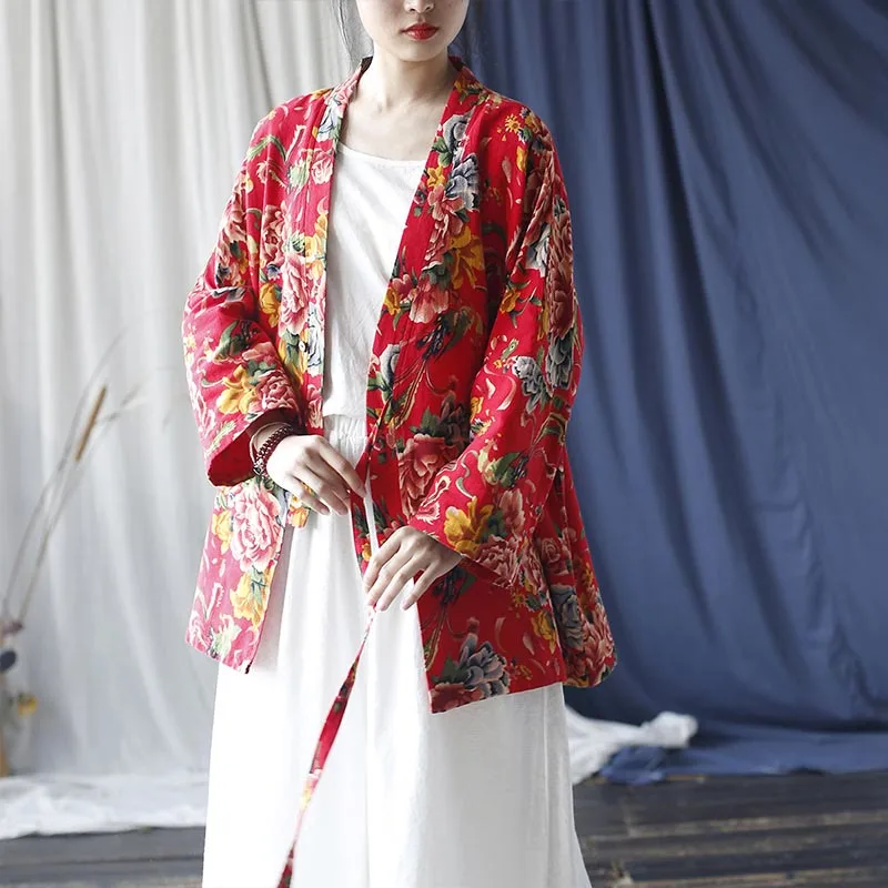 Mythstone Ethnic Style Northeast Red Flower Peony Print Cotton Linen Lace Up Jacket - Image 19