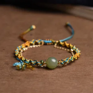 Mythstone Handmade Colorful Rope Luck Jade Bead Abundance Double Layer Bracelet