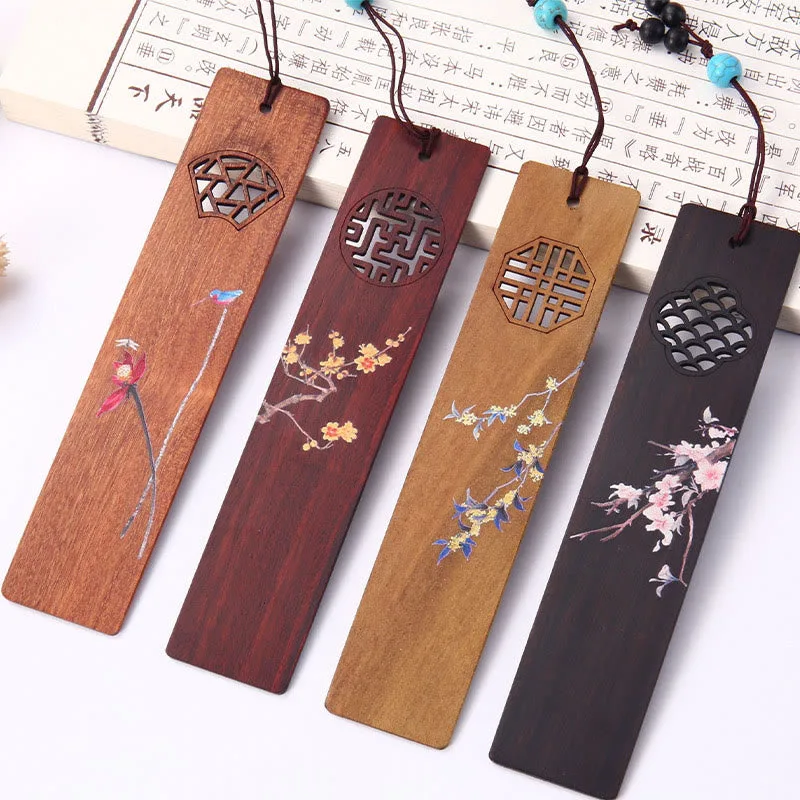 Mythstone 4Pcs Four Seasons Plum Orchid Bamboo Chrysanthemum Peking Opera Mask Wood Bookmarks With Gift Box - Image 3