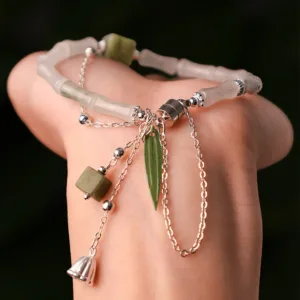 Mythstone 925 Sterling Silver Natural White Jade Bamboo Leaf Lantern Charm Happiness Bracelet