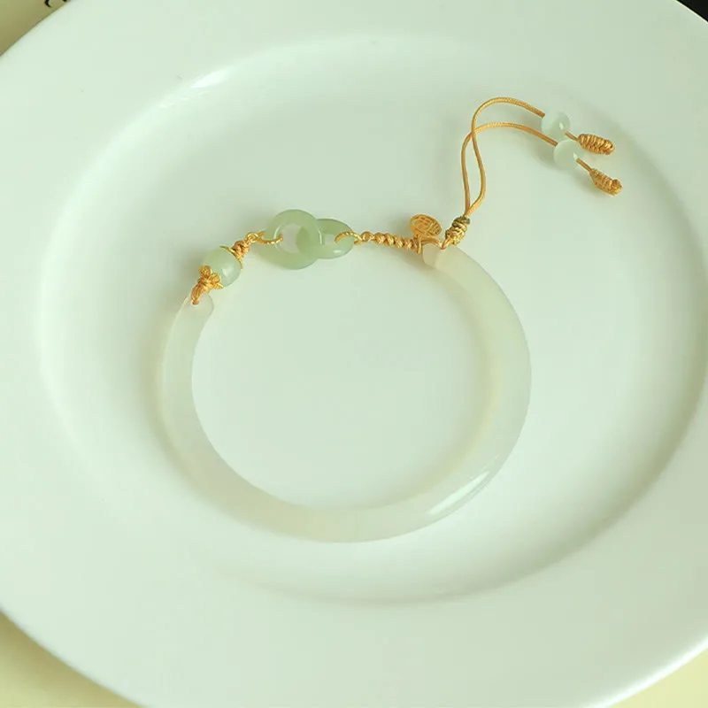 Mythstone 925 Sterling Silver Natural White Agate Hetian Jade Double Peace Buckle Fu Character Bracelet Bangle - Image 8