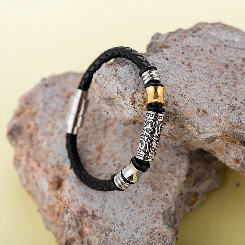 Mythstone Tang Dynasty Flower Design Luck Stainless Steel Buckle Leather Bracelet - Image 2