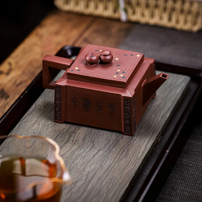 Mythstone Yixing All Handmade Gomoku Playing Chess Purple Clay Kung Fu Square Teapot 280ml - Image 28