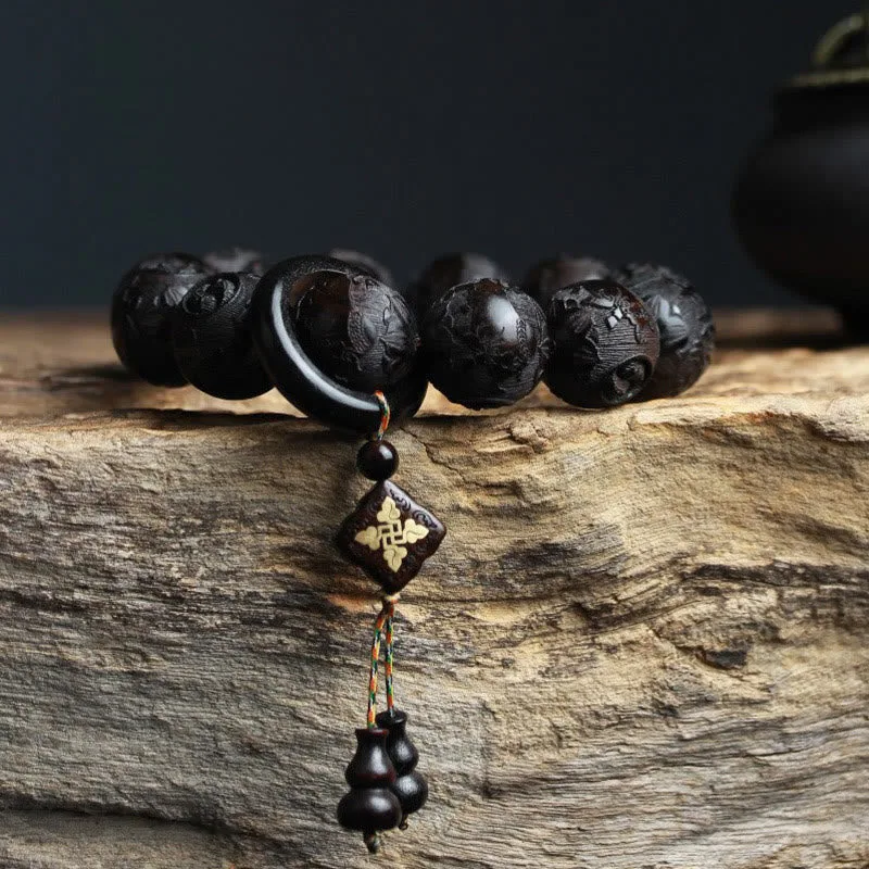 Mythstone Ebony Wood Chinese Character Yin Yang Engraved Gourd Balance Bracelet - Image 3
