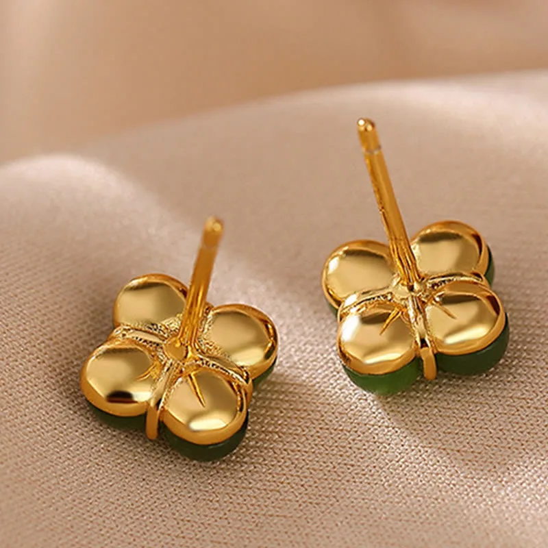 Mythstone 925 Sterling Silver Plated Gold Natural Cyan Jade Four Leaf Clover Luck Stud Earrings - Image 5