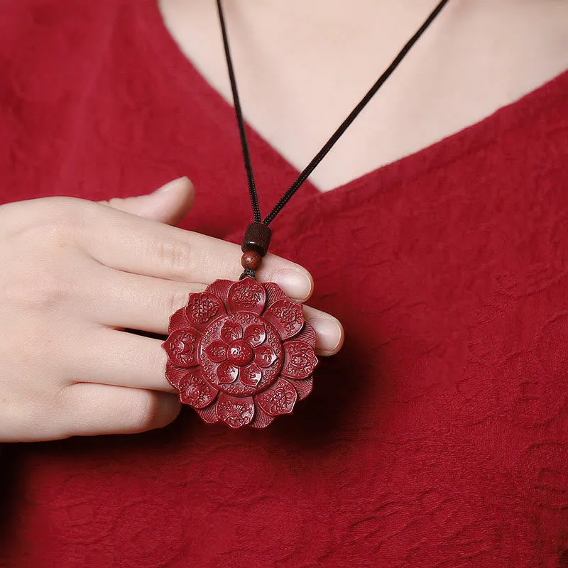 Mythstone Natural Cinnabar Lotus Om Mani Padme Hum Blessing Necklace String Pendant - Image 4