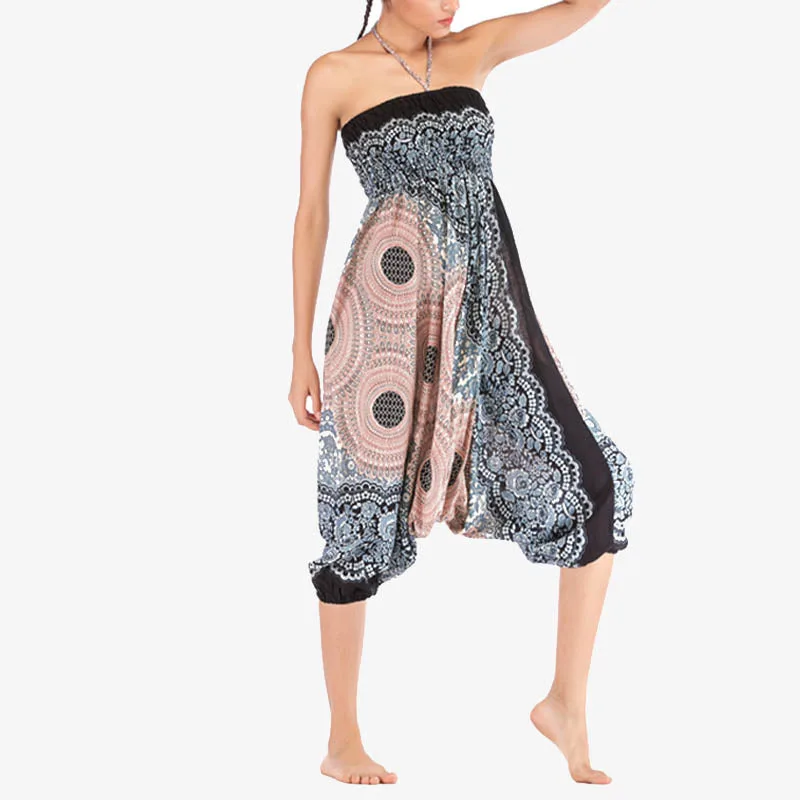 Mythstone Two Style Wear Round Geometric Pattern Loose Smocked Harem Trousers Jumpsuit High Waist Women's Yoga Pants - Image 36