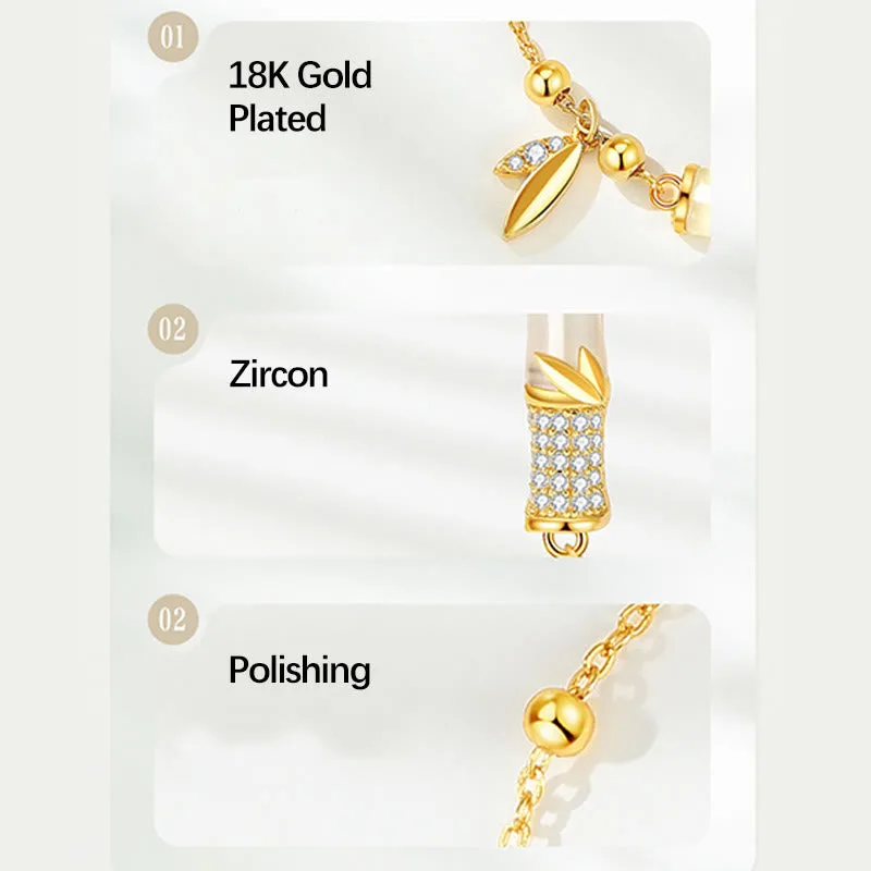 Mythstone 925 Sterling Silver 18K Gold Plated White Jade Bamboo Zircon Leaf Luck Bracelet - Image 8