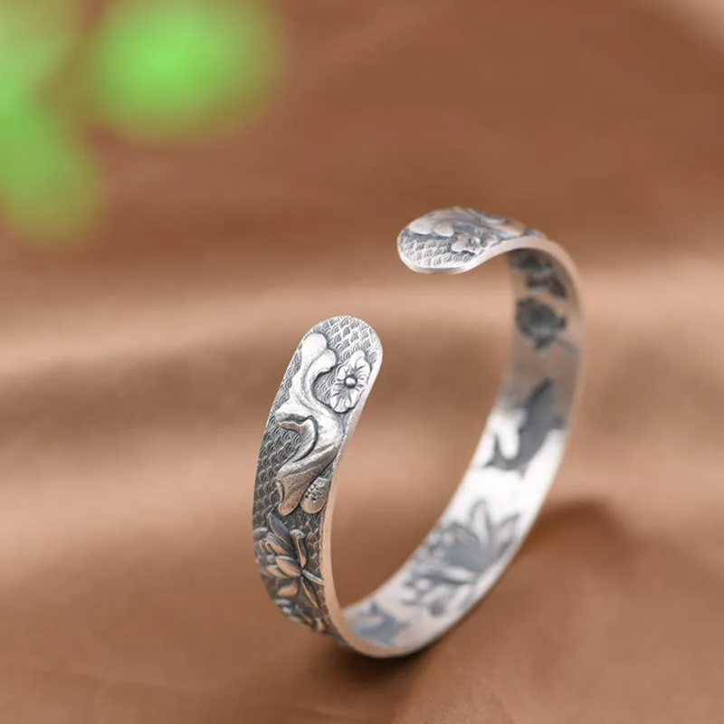 Mythstone - 999 Sterling Silver Luck Koi Fish Lotus Wealth Bracelet Bangle - Image 9
