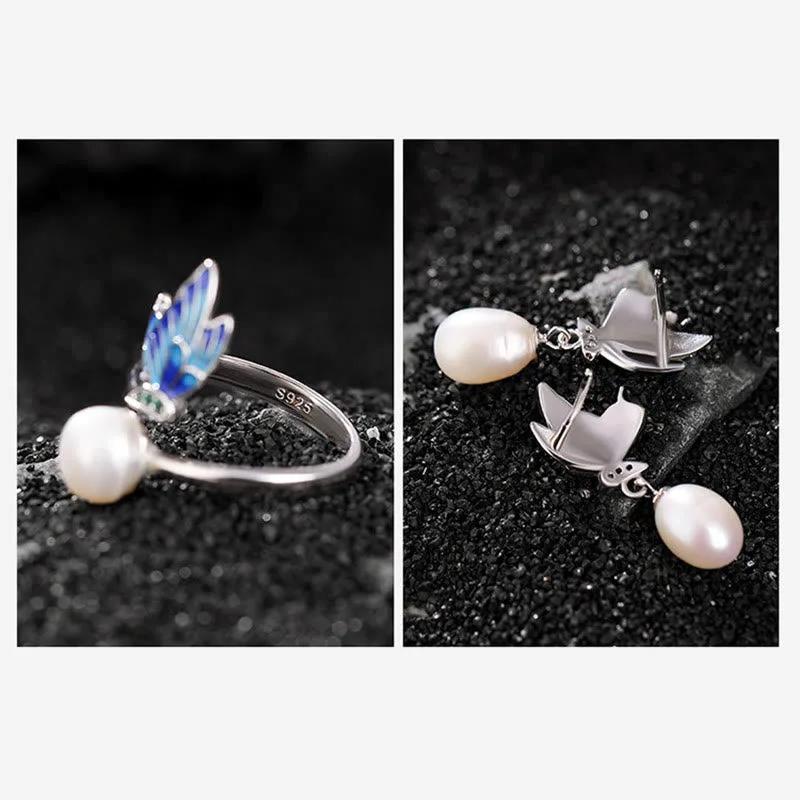 Mythstone 925 Sterling Silver Pearl Butterfly Healing Necklace Pendant Earrings Ring - Image 15