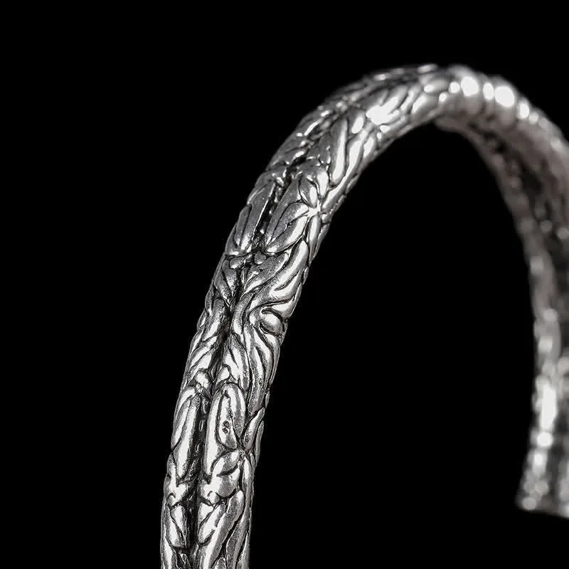 Mythstone Flower Dragon Pattern Engraved Balance Cuff Bracelet Bangle - Image 4