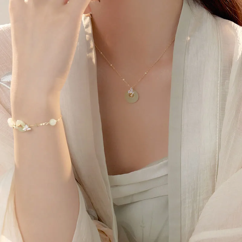 Mythstone 925 Sterling Silver Natural Hetian Jade Peace Buckle Orchid Luck Bracelet Necklace Pendant Set - Image 3