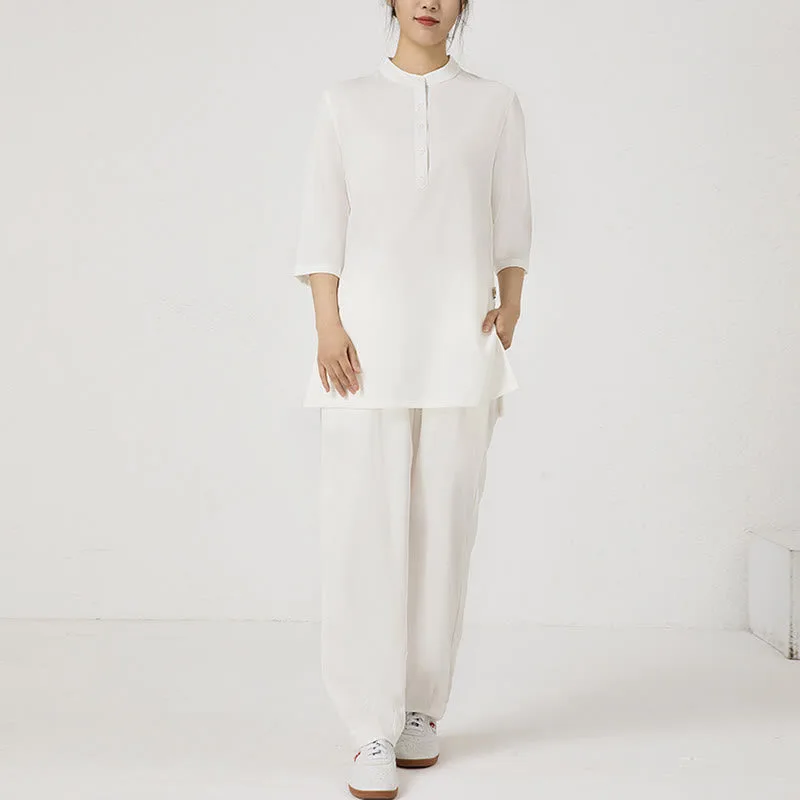 Mythstone 2Pcs Solid Color Three Quarter Shirt Top Pants Meditation Zen Tai Chi Cotton Linen Clothing Women's Set - Image 16