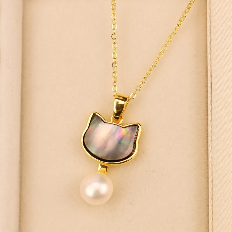 Mythstone 925 Sterling Silver Posts Cute Cat Tridacna Stone Pearl Ring Earrings Necklace Jewelry Set - Image 2