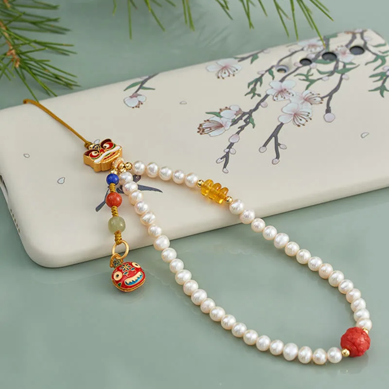 Mythstone Natural Pearl Cinnabar Money Bag Bell Gold Swallowing Beast Dancing Lion Healing Phone Hanging Decoration - Image 8