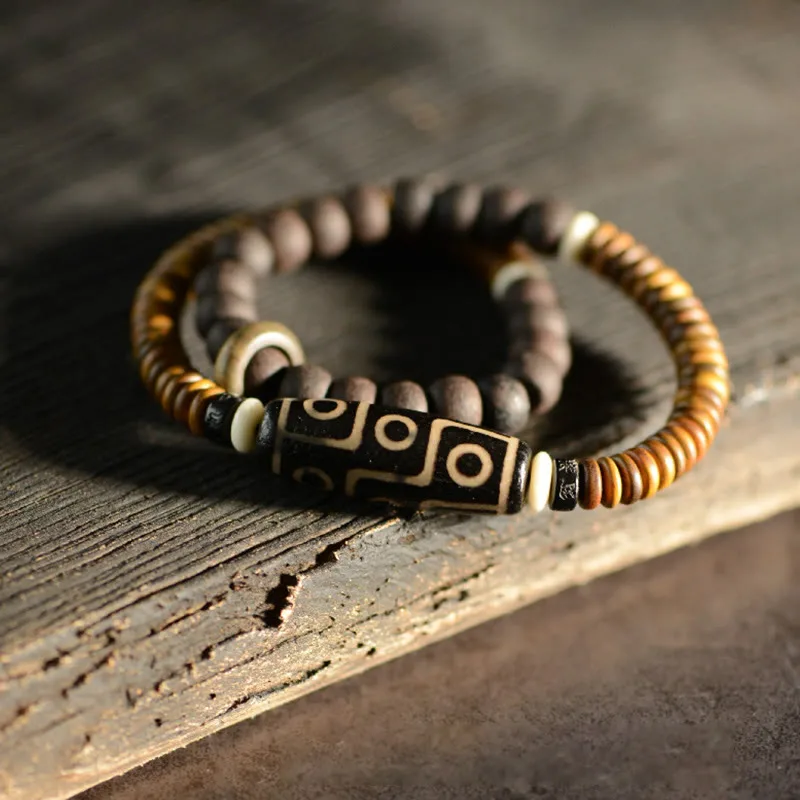 Mythstone Tibetan Nine-Eye Dzi Bead Green Sandalwood Ebony Wood Peace Double Wrap Bracelet - Image 4