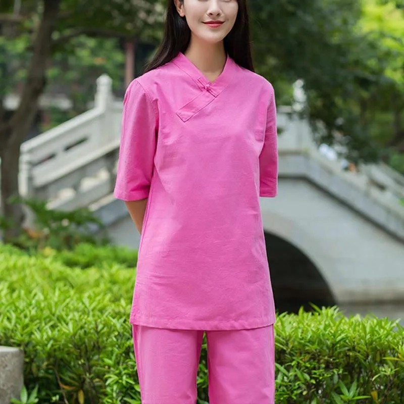 Mythstone 2Pcs Half Sleeve V-Neck Shirt Top Pants Meditation Zen Tai Chi Linen Clothing Women's Set - Image 9